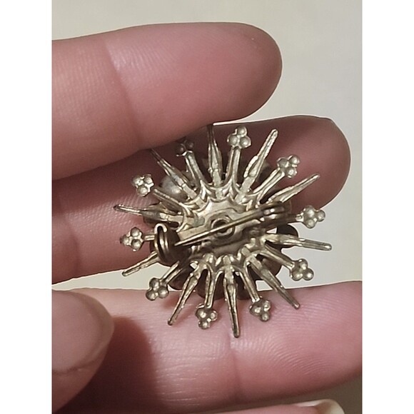 Vintage Faux Pearl & Rhinestone Starburst Brooch Pin Clear Gold Tone Retro - Picture 6 of 6